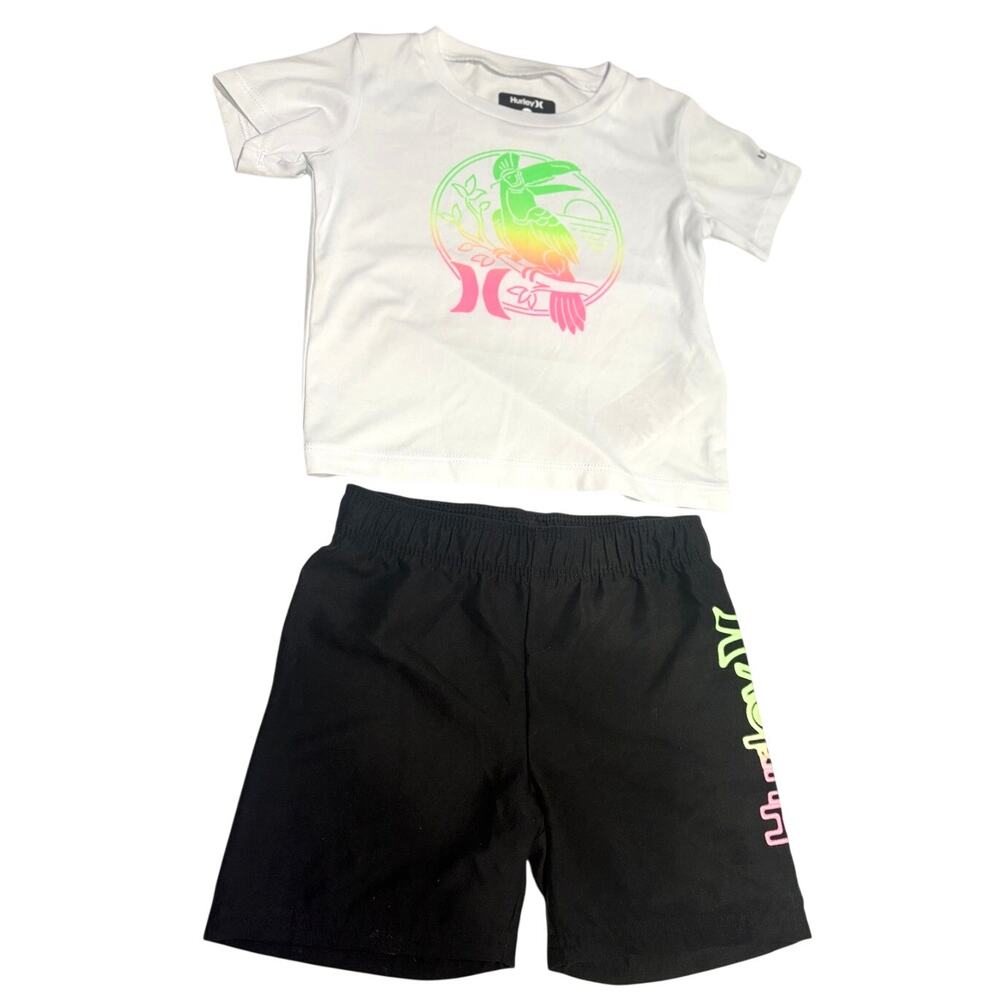 Hurley Kids Toddler Boy T-Shirt Swim Shorts Set 24M White Black Neon Graphic 2pc
